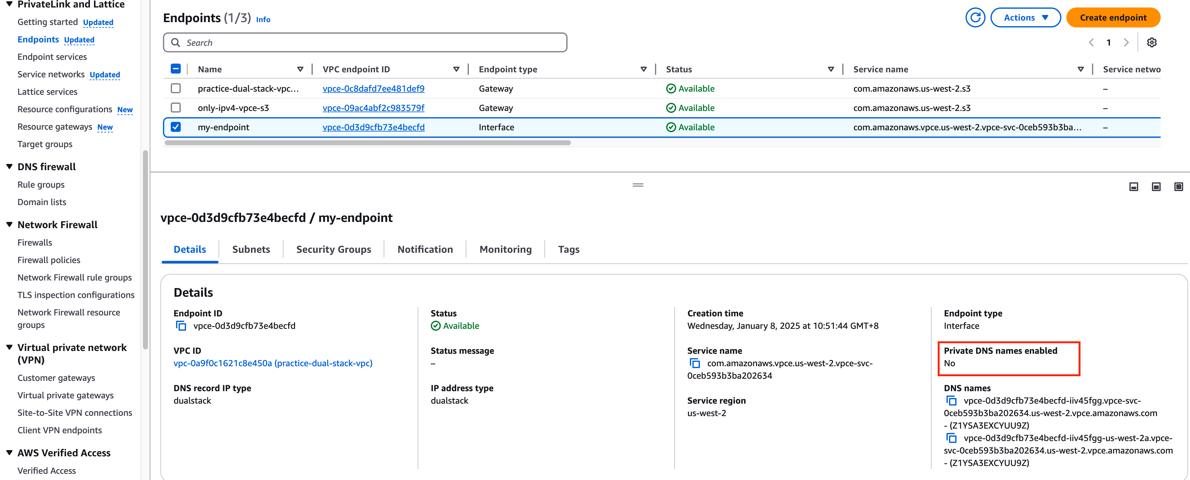 [Consumer] The VPC Interface endpoint does not support Private DNS name