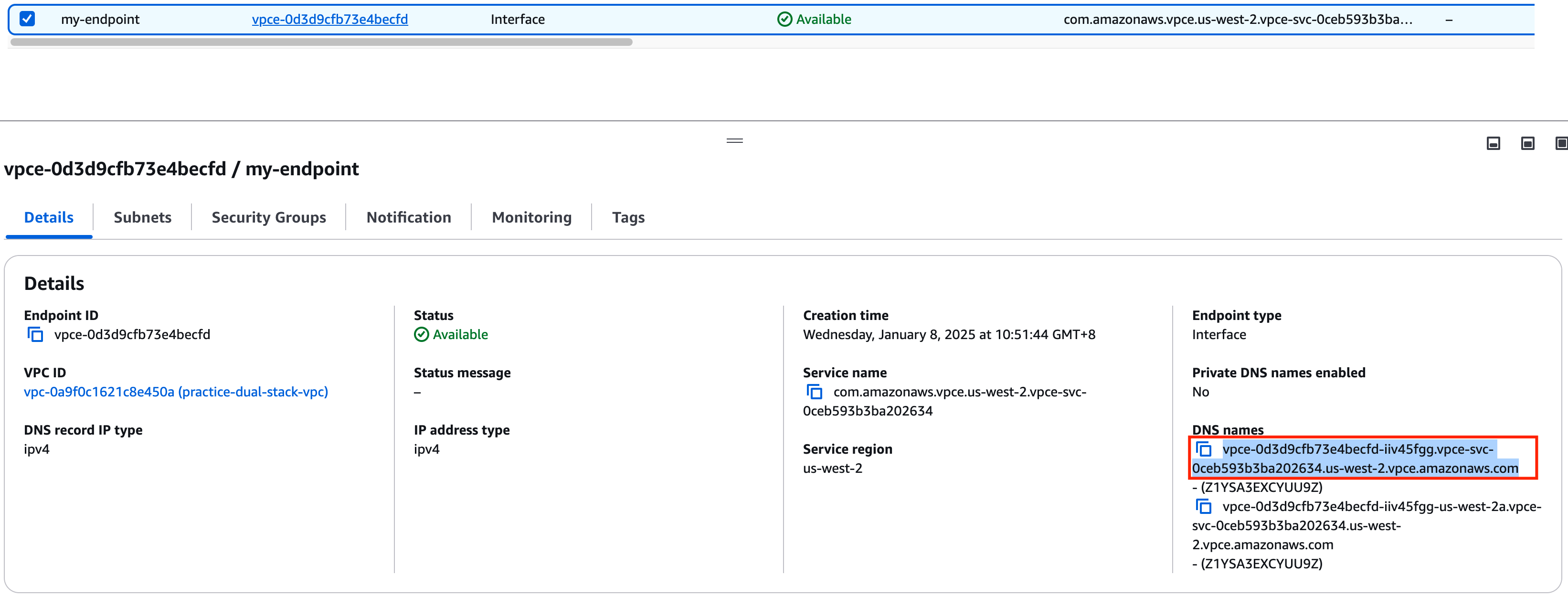 [Consumer] Copy VPC Interface Endpoint DNS name