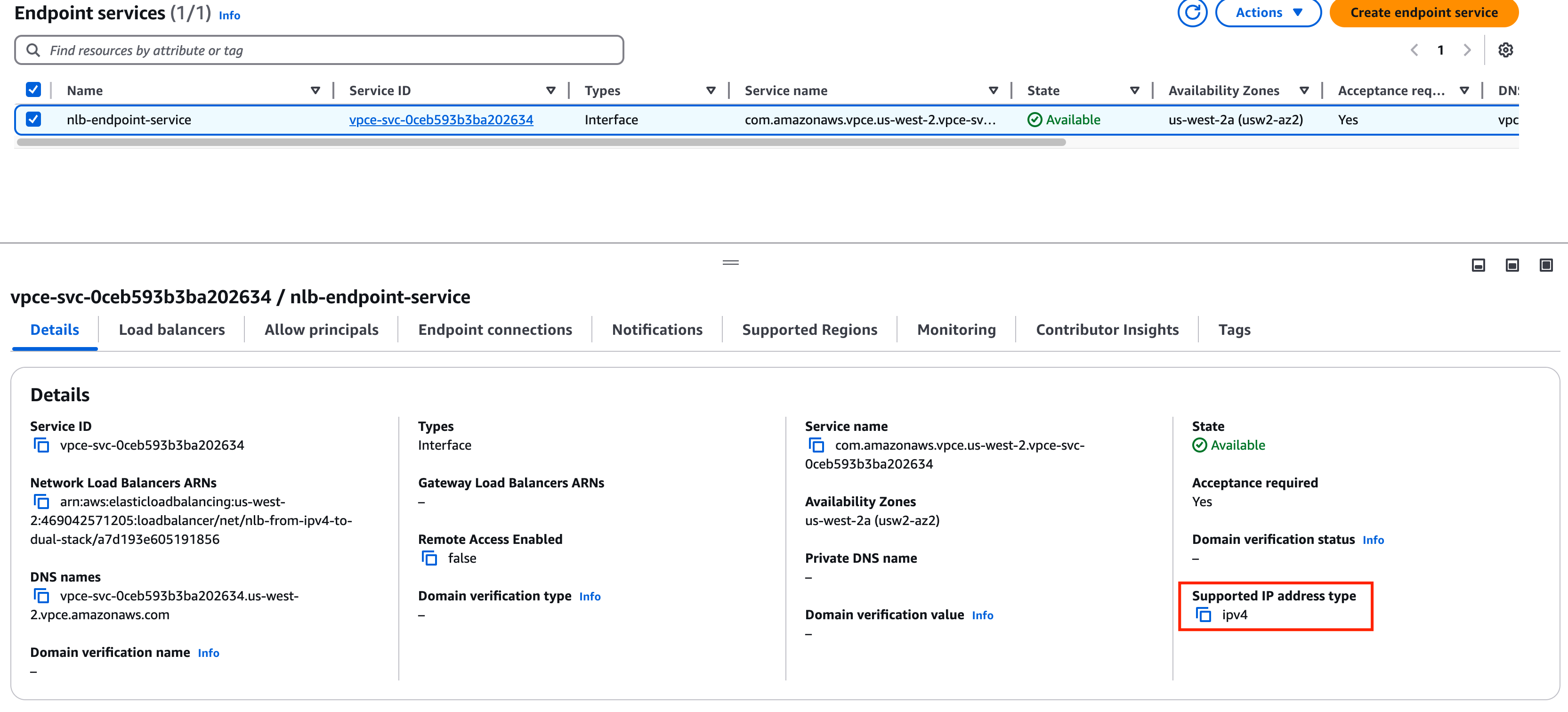 [Provider] This Endpoint service does not support IPv6 address type