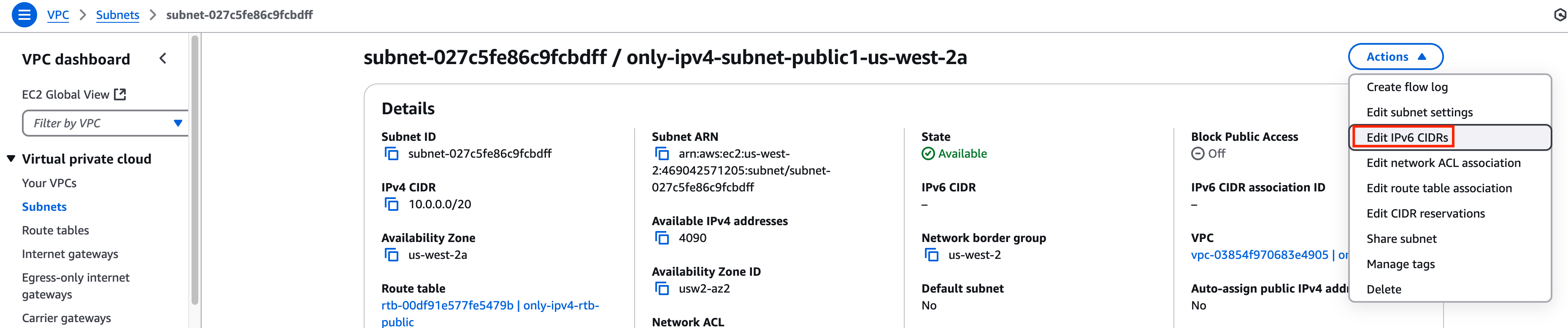 Subnet Edit IPv6 CIDRs