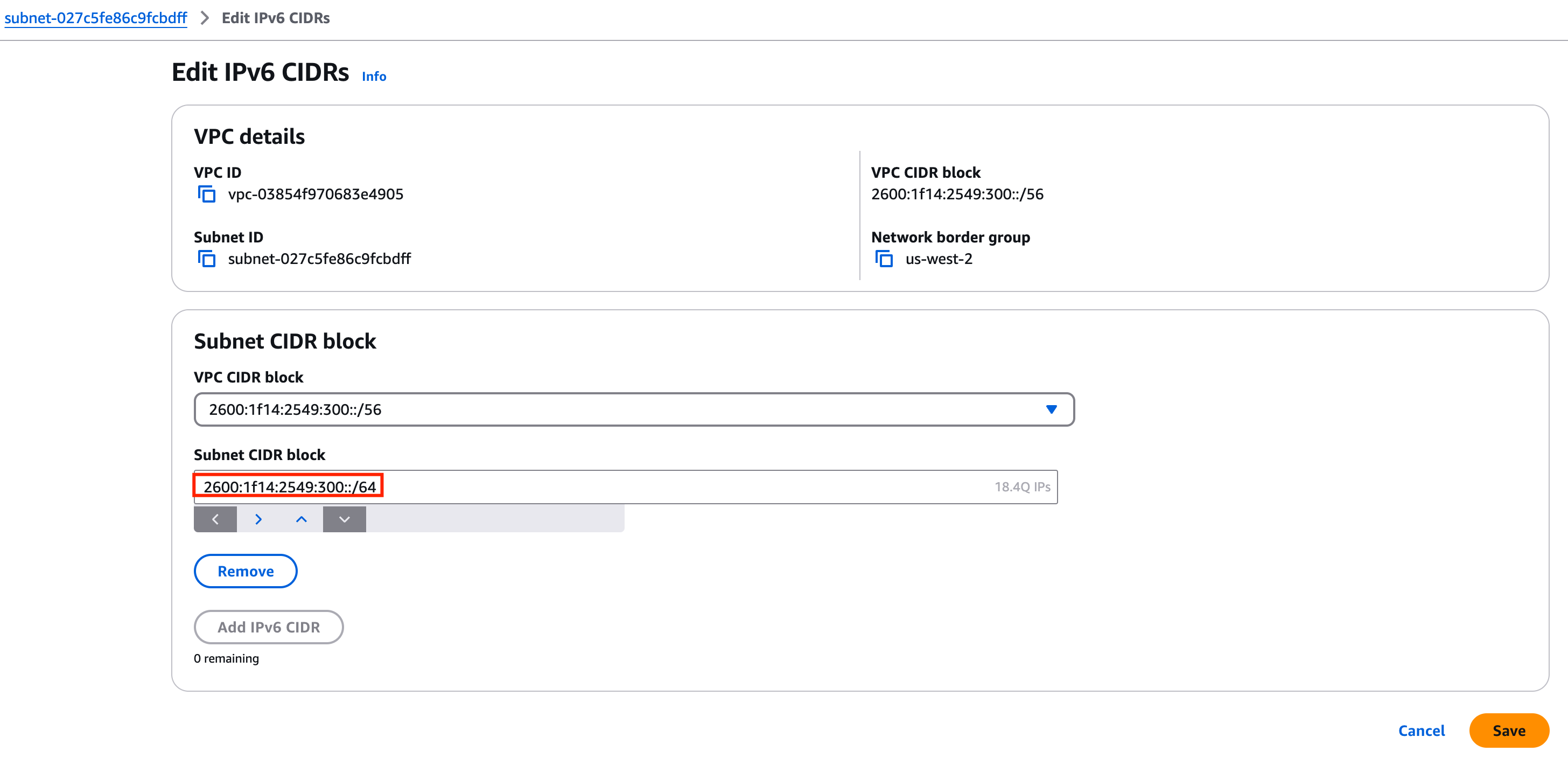 Assign IPv6 CIDR for subnet