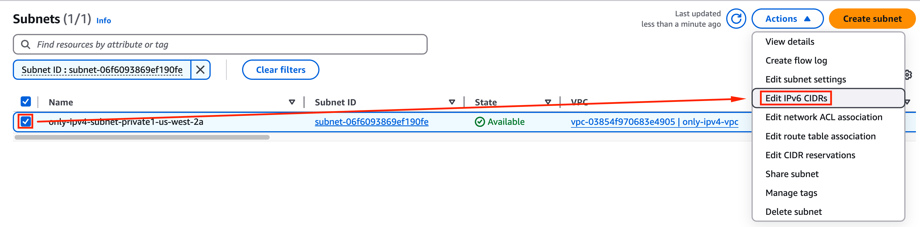 Assign IPv6 CIDR for EC2 subnet