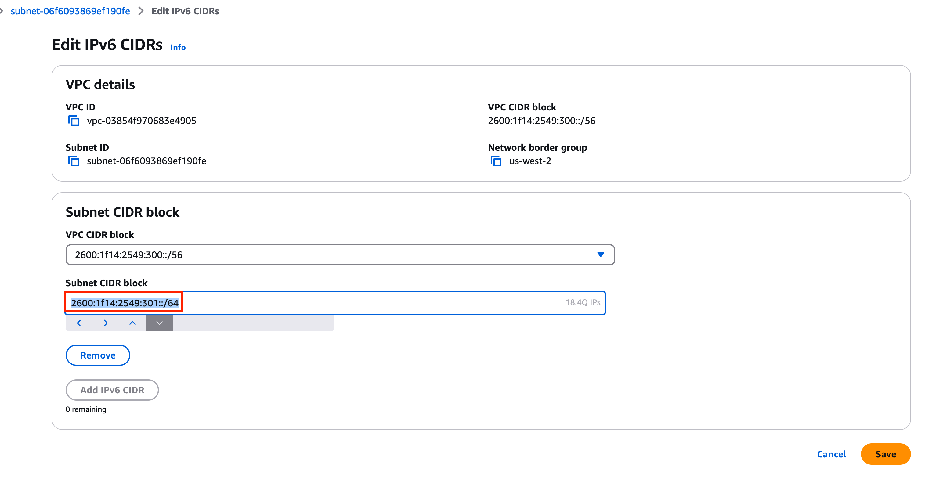 Assign IPv6 CIDR