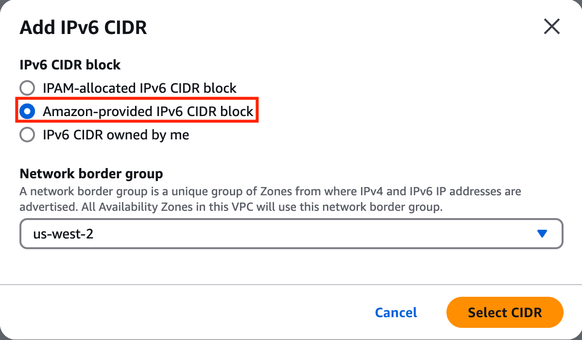 Select Amazon-provided IPv6 CIDR block